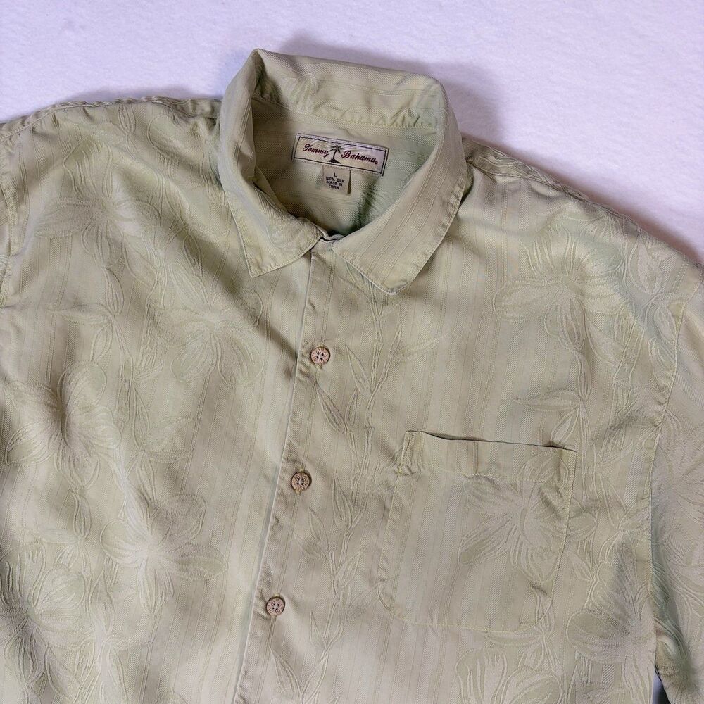 Tommy Bahama Mens L Green Silk Jacquard Tropical Leaf Floral Camp Shirt